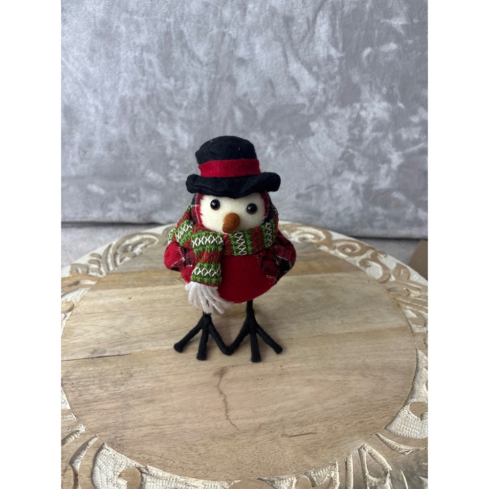 Christmas Fabric Bird Figurine Top Hat‎ Red Plaid Scarf Holiday Decor 6.5 Inch